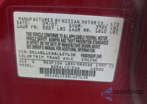 2008 Nissan Sentra 2.0 z USA, uszkodzony, nr VIN 3N1AB61E88L627638